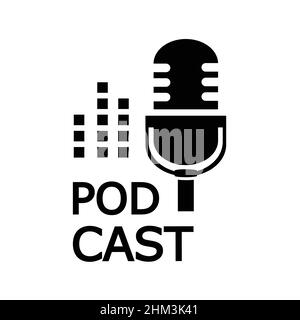 The microphone icon .Logo, application, user interface. Podcast radio icon. Studio microphone table broadcast podcast text. Stock Vector