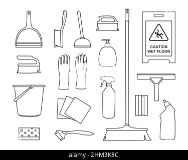 Householding cleaning tools. Housekeeping tool icons for home and office cleaning, bucket and foam, detergent bottles and washing supplies, sweeping b Stock Vector
