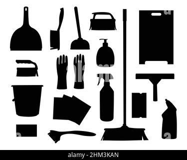 Householding cleaning tools. Housekeeping tool icons for home and office cleaning, bucket and foam, detergent bottles and washing supplies, sweeping b Stock Vector