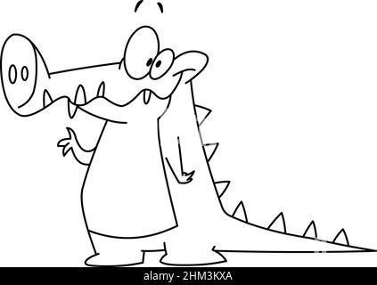 Outlined Smiling crocodile alligator waving with his hand. Vector line art illustration coloring page. Stock Vector