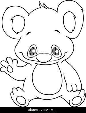 Outlined baby koala sitting and waving, Vector line art illustration coloring page. Stock Vector