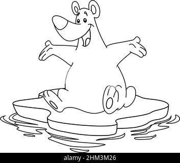 Outlined happy polar bear sitting on an ice floe iceberg. Vector line art illustration coloring page. Stock Vector