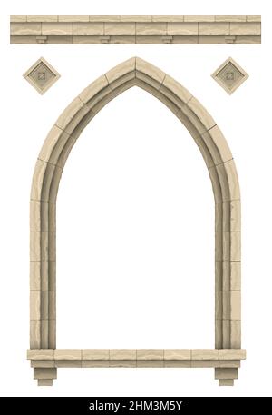 Vector graphics. Template on a white background. Facade application. Stone beige antique gothic castle or temple arch Stock Vector