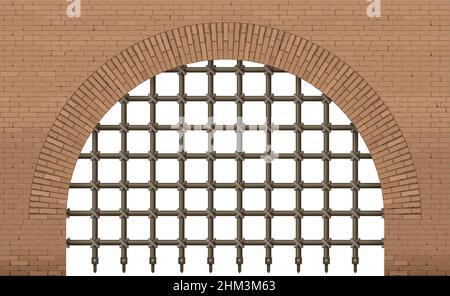 Ancient gate entrance to the castle. Prison bars. Palace. Wall with a brick arch. Stock Vector