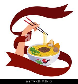 Illustration or vector hands holding chopstick and noodles on traditional bowl with red ribbon. Stock Vector