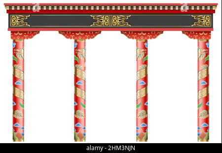 The Eastern red chinese arch. Carved architecture and classic columns. Chinese style. Decorative architectural frame in vector graphics. Stock Vector