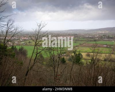 The view from The Lookout on the northern slope of Dolebury Warren in the Mendip Hills over the village of Langford, North Somerset, England.