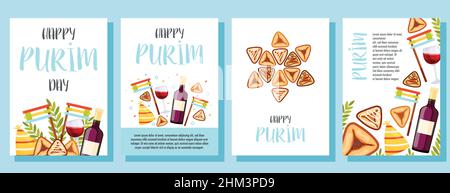 Happy Purim day greeting cards set. Vector illustration Stock Vector