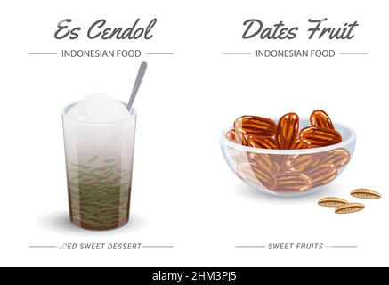 Es Cendol in the glasses is a traditional Indonesian iced sweet dessert and vector of Dates fruits Stock Vector