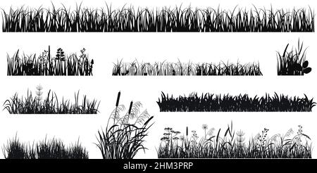 Grass silhouettes. Meadow silhouette, lawn edges or plants. Black isolated botanical garden elements with flowers, herbs and reeds, exact vector set Stock Vector