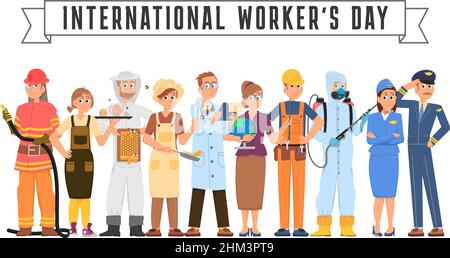 International workers day. Labor festive banner, working characters. People in uniform, different male and female professionals decent vector set Stock Vector