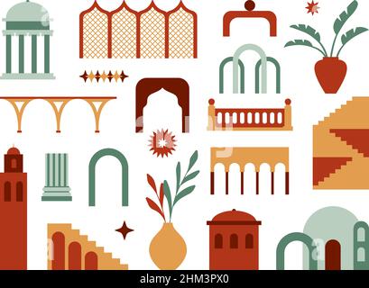 Geometry architecture. Geometric house abstract art, moroccan stairs and windows shapes. Flat buildings, minimal style constructions swanky vector set Stock Vector