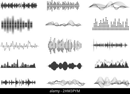 Sound waves. Musical sounds, black wave tracks. Music impulse waveform icons. Voice radio audio track. Exact signal amplitude vector collection Stock Vector