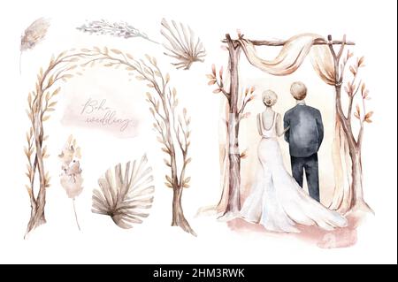 Watercolorcouple bride and groom in boho style wedding. Digital marriage illustration. Love wedding invitation. save the date. Stock Photo