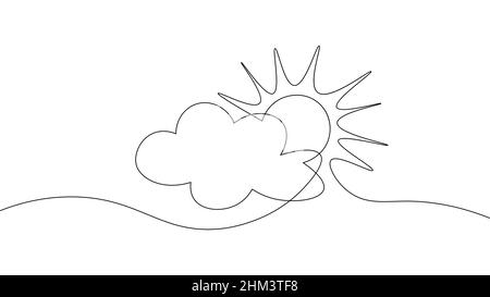 Continuous line sun cloud art. Single line sketch sunny summer travel concept. Icon cloudy sky weather happy holiday vacation element vector Stock Vector