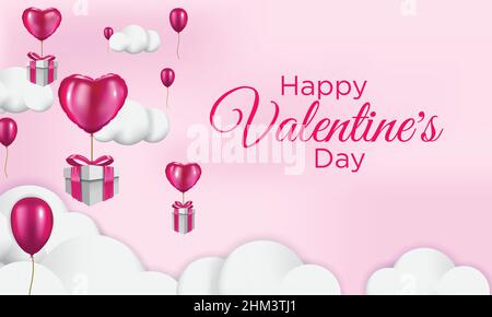 Gift boxes with heart balloon floating it the sky, Happy Valentine's Day card, 3d realistic style Stock Vector