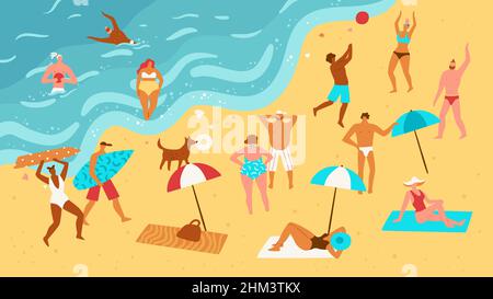 Beach summer holidays people. Sunbathing characters. Men and women in bikinis and swimming trunks. Seashore activities. Ocean vacation. Persons play Stock Vector