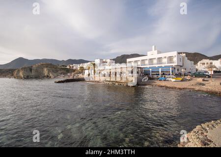 Restaurant at Isleta del Moro, fishing town near Los Escullos, in Cabo de Gata, Almeria, Spain. Stock Photo
