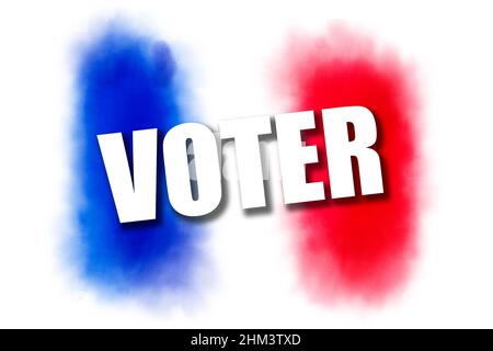 Watercolor painting of the french flag Tricolore with blue, white and red colors and the text VOTER (vote in french). France election concept. Preside Stock Photo