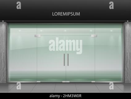 The glass facade of the shopping center building is a shop, airport, railway station with entrance doors. Transparency of the glass. Vector graphics Stock Vector