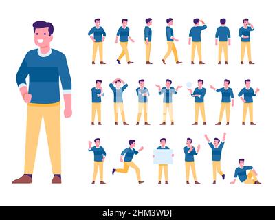 Set of young and adult men standing and sitting. Monochrome vector  illustration of men in different poses in simple line art style. Hand drawn  sketch. Black lines isolated on white background. Stock