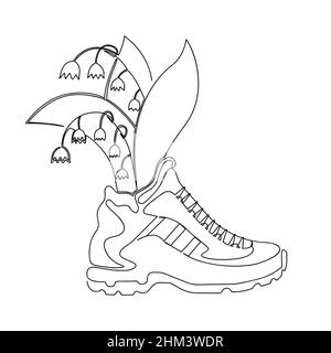 Flowers grow from running shoes. Drawn with one continuous line. Stock vector illustration Stock Vector