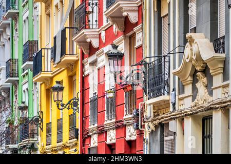 Colorful buildings in a street of Ruzafa, Valencia, Spain Stock Photo
