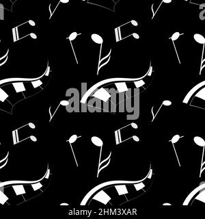 White notes and piano keys on a black background.  Abstract Music Seamless Pattern Background.  Musical background  for your design. Vector Illustrati Stock Vector