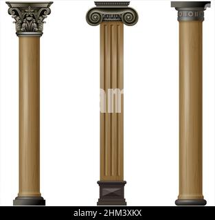 Set vintage classic wood carved architectural columns with ornament for interior or facade. Joinery elements or balusters. Vector graphics Stock Vector