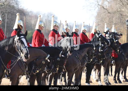 Members of the Household Cavalry during the changing of the Queen's Life Guard, on Horse Guards Parade, in central London. Picture date: Monday February 7, 2022. Stock Photo