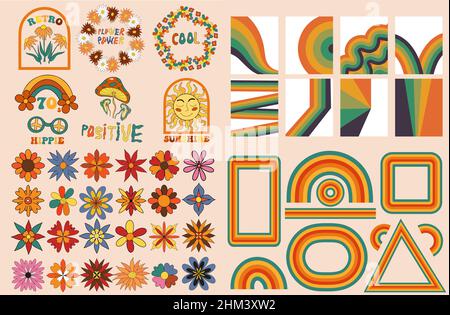 Big retro 70s set with flowers, rainbow posters, rainbow frames, t-shirt design templates. psychedelic trippy groovy elements. Cartoon funky vintage Stock Vector