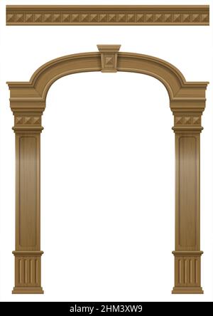 Wooden classic vintage arch of the portal door with the columns. Vector graphics. The entrance of the facade or the framing of the furniture. Stock Vector