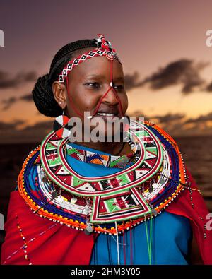 Portrait of beautiful woman wearing a coin headchain maasai with