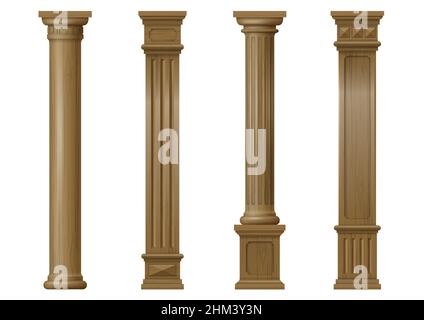 Set vintage classic wood carved architectural columns with ornament for interior or facade. Joinery elements or balusters. Vector graphics Stock Vector