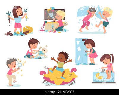 Kids destroy. Children bad behavior. Naughty boys and girls break electronics. Babies spoil things. Destructive energy. Funny characters jumping on Stock Vector