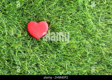 Top view image of red heart on green grass with copy space for text Stock Photo