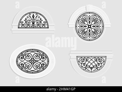 Set round and arched windows with wrought iron bars in a classic style Stock Vector