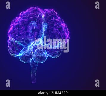 Glowing X-ray image of human brain in blue wireframe on isolated black ...