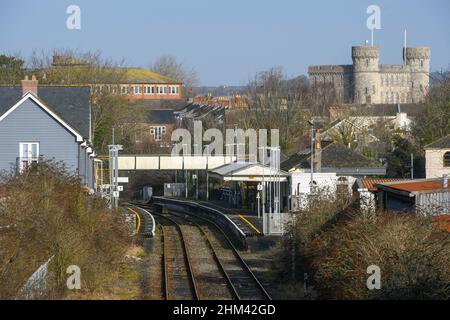 Dorchester, Dorset, UK.  7th February 2022.  UK Weather.  General view of Dorchester West railway station in Dorset with the The Keep Military Museum in the distance on a morning of warm hazy sunshine.  Picture Credit: Graham Hunt/Alamy Live News Stock Photo