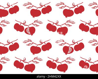 Pomegranate seamless pattern vector illustration, ripe cracked fruits on tree branch retro style, endless tile texture red color on white background Stock Vector