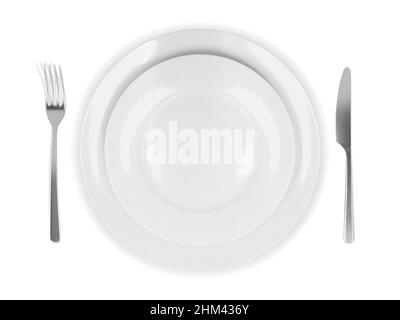 Two white round empty plates top view with fork and knife Stock Vector