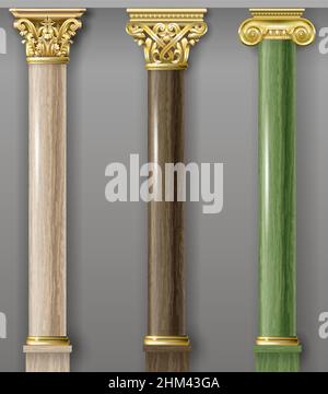 Set of classic gold and marble columns in different styles. Vector graphics Stock Vector
