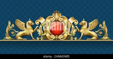 Emblem or fresco, high relief with golden gryphon. Classic ornament. Architectural element for a building, arches, windows or doors in the Baroque sty Stock Vector