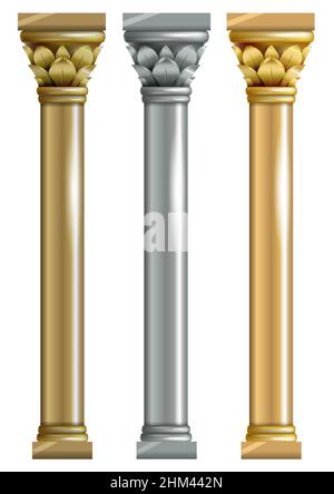 Set of three vector columns in the Oriental style. Gold, bronze, silver, Stock Vector