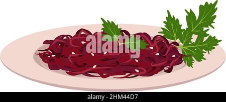 Grated beetroot salad with sesame seeds and parsley leaves on plate. Delicious and healthy food with vitamins. Vector flat illustration Stock Vector