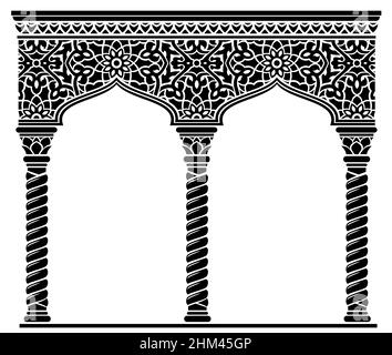 Silhouette of the arched eastern facade. Fairytale Oriental, Indian or Arabian arch, background for cover, invitation cards. Vector graphics Stock Vector