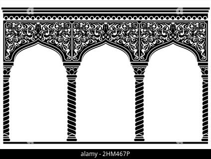 Silhouette of the arched eastern facade. Fairytale Oriental, Indian or Arabian arch, background for cover, invitation cards. Vector graphics Stock Vector