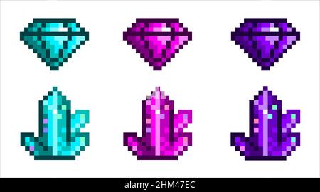 Diamonds and crystals pixel art. Game design icons set, 8 bit vector illustration Stock Vector