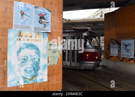 Prague, Czech Republic. 07th Feb, 2022. The posters, up, by a Chinese artist using the pseudonym Badiucao depicting sports disciplines symbolically associated with violation of human rights and rule of law is seen in Prague, Czech Republic, on January 7, 2022, during the 2022 Winter Olympics in Beijing. Credit: Katerina Sulova/CTK Photo/Alamy Live News Stock Photo