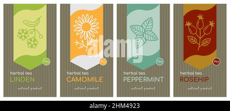 Vector set of herbal tea labels with icons of herbs and plants. Organic natural product, healthy food, bio herbal tea. Tea packaging template, pepperm Stock Vector